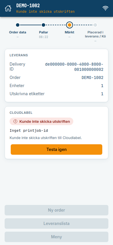 The delivery view after a print error, with the Testa igen button