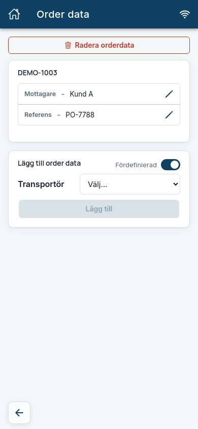 Orderdata på en order