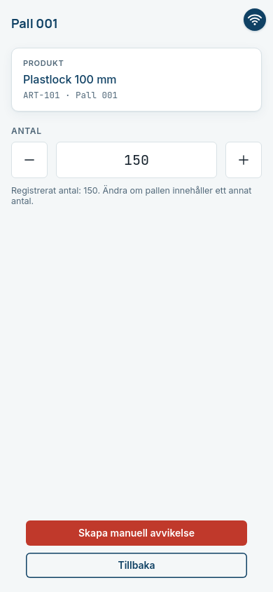 The pallet dialog with the Skapa manuell avvikelse button