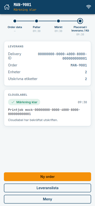 Leveransvyn när Cloudlabel har bekräftat utskriften